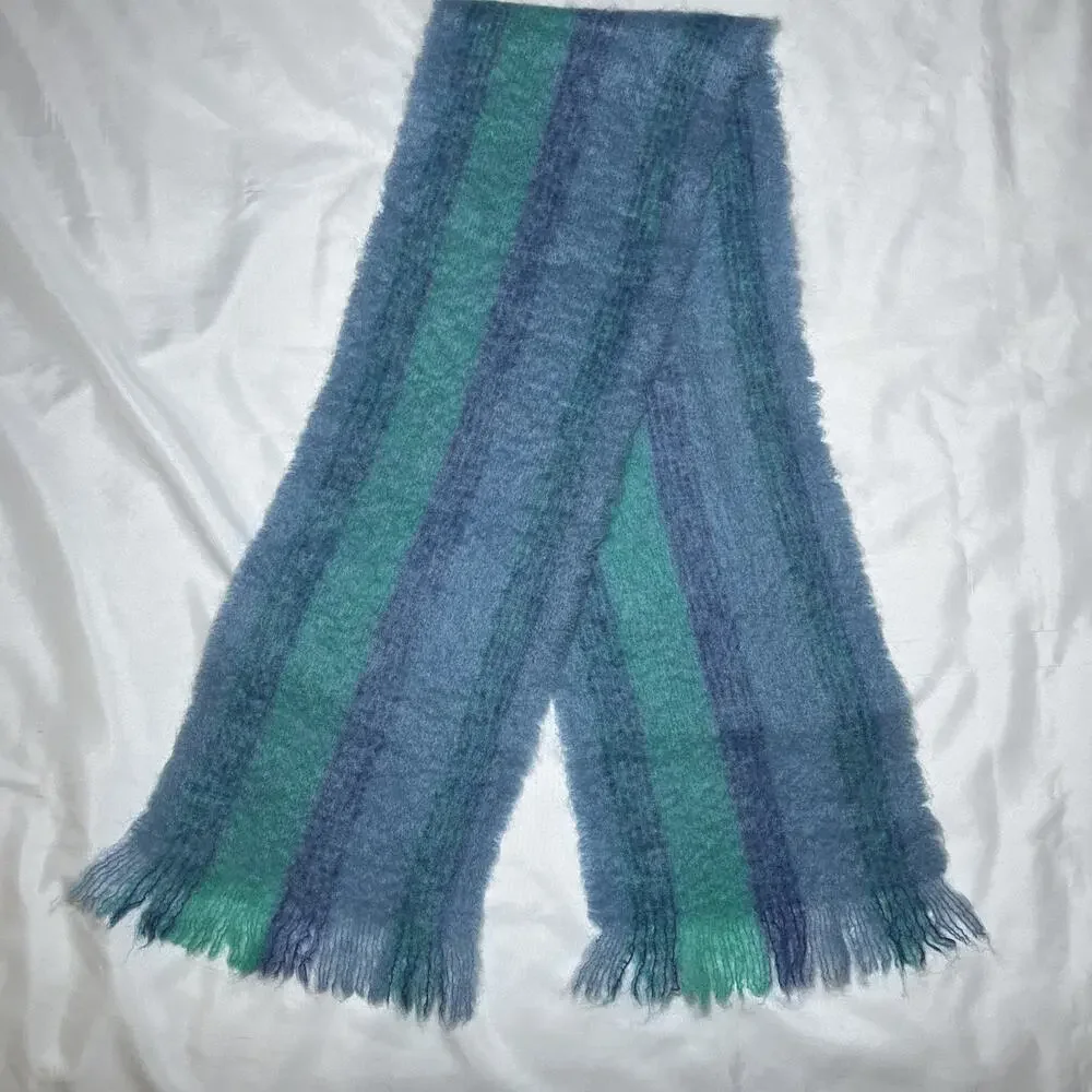 Avoca Handweavers Scarf Mohair Wool Blend Handwoven Blue Striped 58”x10”